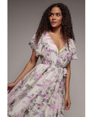 Goddiva Floral Printed Flutter Sleeve Chiffon Midi Dress - Natural
