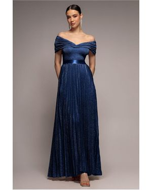 Goddiva Bardot Pleated Skirt Maxi Dress - Blue
