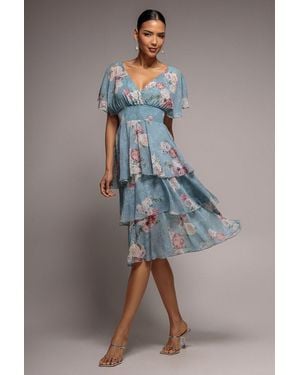 Goddiva Layered Floral Midi With Flutter Sleeves - Grey