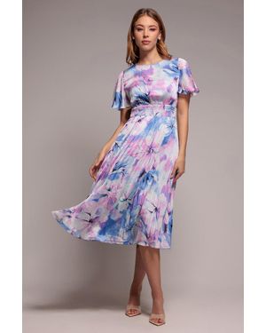 Goddiva Flutter Sleeve Pleated Skirt Floral Midi Dress - Blue