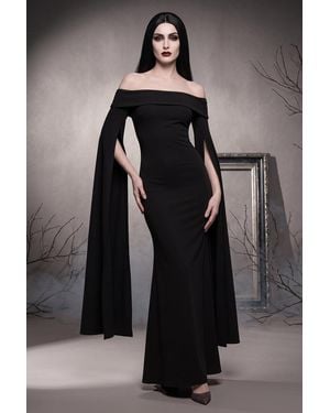 Goddiva Long Cape Sleeve Maxi Morticia Addams -Inspired Halloween Costume - Black