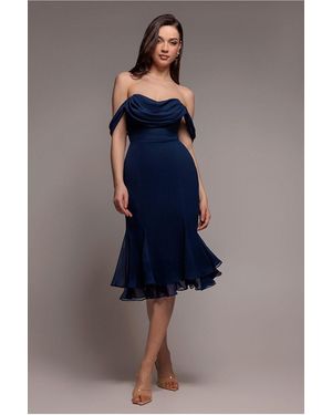 Goddiva Chiffon Cowl Off Shoulder Wing Tiered Midi Dress - Blue