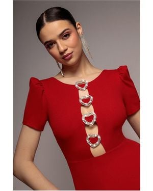 Goddiva Diamante Embellished Heart Brooch Scuba Maxi Dress - Red