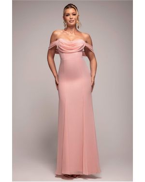 Goddiva Chiffon Bardot Cowl Neck Maxi Dress - Pink