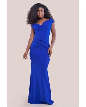 Goddiva Bardot Pleated Maxi Dress - Blue
