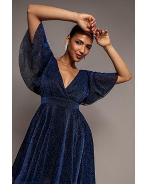 Goddiva Sparkle Lurex Wrap Mini Skater Dress - Blue