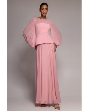 Goddiva Bishop Sleeve Peplum Top Scuba Crepe And Chiffon Maxi Dress - Pink