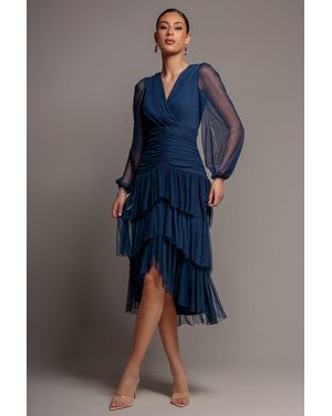 Goddiva Gathered High & Low Tiered Midi Dress - Blue
