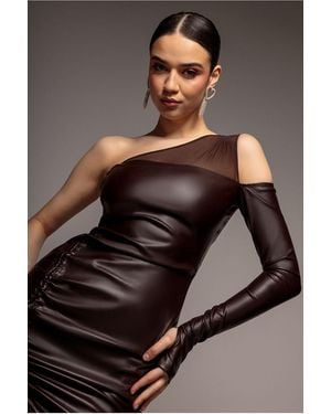 Goddiva One Shoulder Faux Leather Mini Dress - Gray