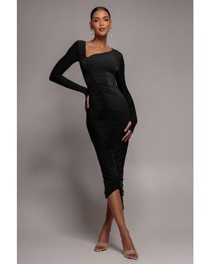 City Goddess Asymmetrical Neck Ruched Midi Dress - Black