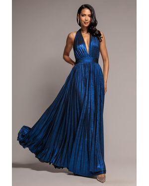 Goddiva Open Back Sunrise Foil Halterneck A Line Maxi Dress - Blue