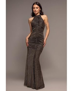 Goddiva Halter Neck Front Gathered Backless Glitter Maxi Dress - Brown