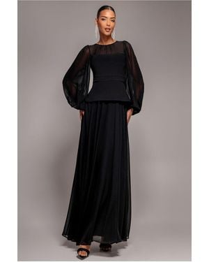 Goddiva Bishop Sleeve Peplum Top Scuba Crepe And Chiffon Maxi Dress - Black