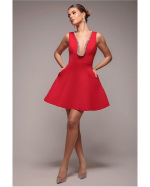 Goddiva Diamante Embellished Neck A-Line Mini Dress - Red