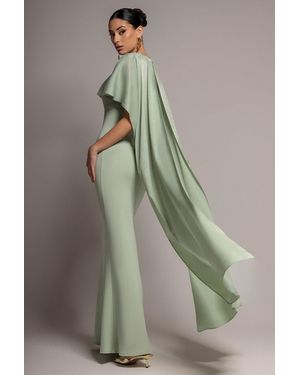 Goddiva Scoop Neck Soft Satin Cape Sleeve Maxi Dress - Green