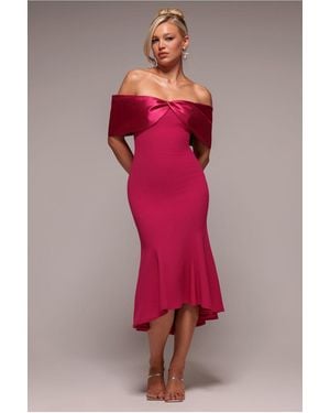 Goddiva Twist Knot Satin & Scuba Bardot High Low Midi Dress - Red