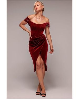 goddiva draped shoulder velvet corset maxi dress reviews Goddiva Draped Shoulder Velvet Corset Maxi Dress in Red