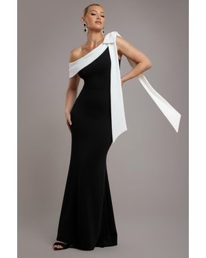 Goddiva One Shoulder Contrast Bow Maxi Dress - Blue