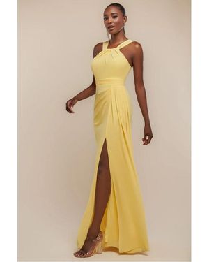 Goddiva Halterneck Thigh Split Chiffon Maxi Dress - Natural