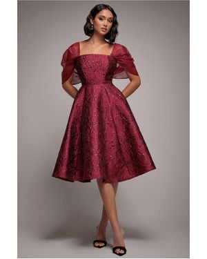 Goddiva Lace Up Jacquard Midi Dress With Organza Wings - Red