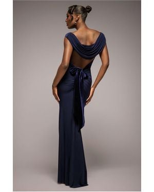 Goddiva Open Back Cowl Neck Gathered Maxi Dress With Velvet Tie Back - Blue