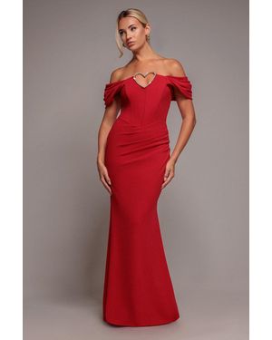 Goddiva Diamante Heart Trim Evening Maxi Dress - Red