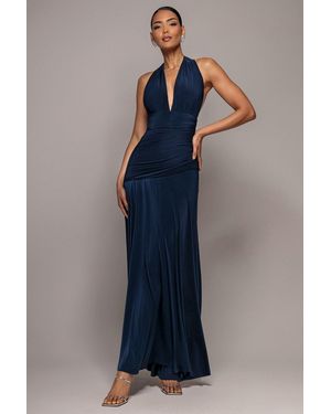 Goddiva Halter Neck Empire Waist Gathered Maxi Dress - Blue