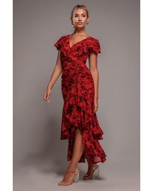 Goddiva Floral Wrap High And Low Midaxi Dress - Red
