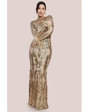 Goddiva Sequin High Neck Feather Cuff Maxi Dress - Natural