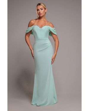 Goddiva Off The Shoulder Draped Sleeve Maxi Dress With Diamante Neckline - Blue