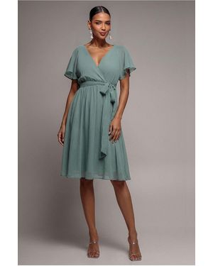 Goddiva Sustainable Flutter Sleeve Chiffon Wrap Midi Dress - Blue