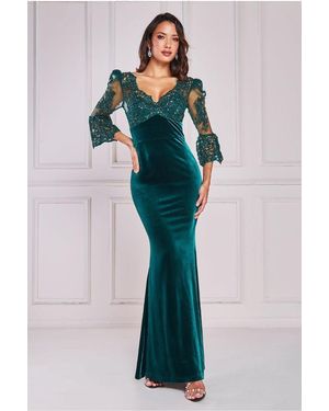 Goddiva Scalloped Lace & Velvet Maxi Dress - Green