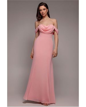 Goddiva Chiffon Bardot Cowl Neck Maxi Dress - Pink