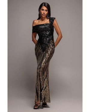 Goddiva Ombre Sequin One Shoulder Bardot Maxi Dress - Brown