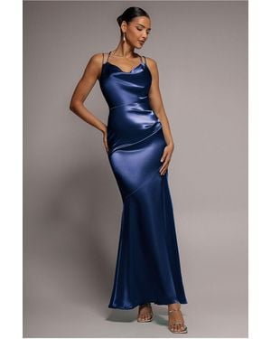 Goddiva Cowl Neck With Strappy Back Satin Maxi - Blue