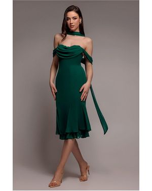 Goddiva Chiffon Cowl Off Shoulder Wing Tiered Midi Dress - Green