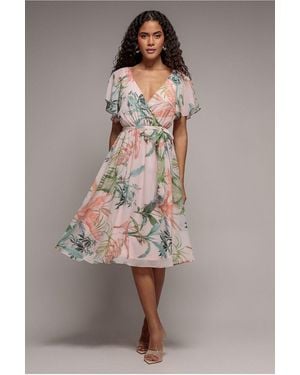 Goddiva Floral Printed Flutter Sleeve Chiffon Midi Dress - Pink