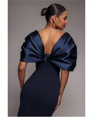 Goddiva Off Shoulder Back Satin Bow Wrap Crepe Midi Dress - Blue