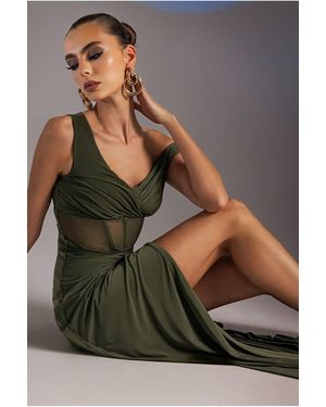 Goddiva Off The Shoulder Corset Waist Mesh Wrap Skirt Soft Touch Maxi Dress - Green