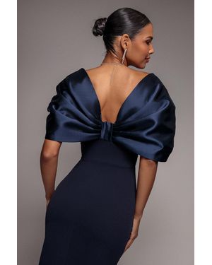 Goddiva Off Shoulder Back Satin Bow Wrap Crepe Midi Dress - Blue