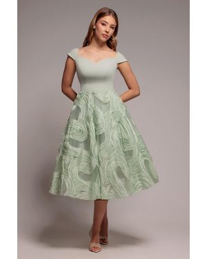 Goddiva Scuba & Textured Chiffon A Line Midi Dress - Green