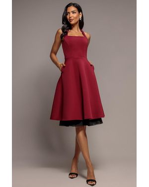 Goddiva Contrast Organza Frill Bow Back Halter Midi Dress - Red