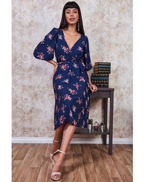 Goddiva Wrap Style Floral Midi Dress - Blue