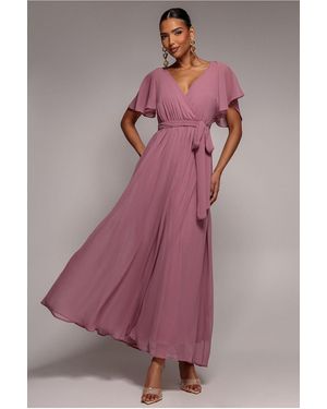 Goddiva Sustainable Chiffon Flutter Sleeve Wrap Maxi Dress - Pink
