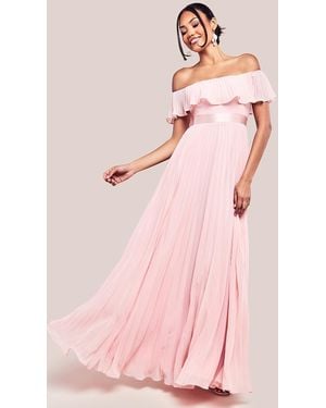 Goddiva Pleated Chiffon Off Shoulder Maxi Dress - Pink