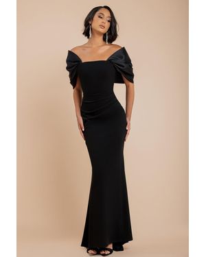 Goddiva Off Shoulder Back Satin Bow Scuba Maxi Dress - Black