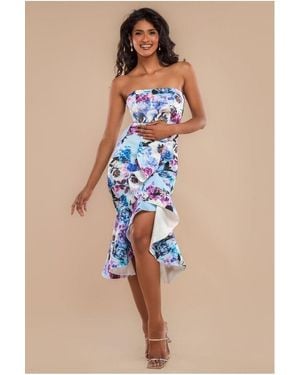 Goddiva Floral Scuba Foam Bandeau Midi Dress - Blue