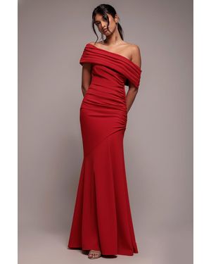 Goddiva Pleated One Shoulder Bardot Fit And Flare Maxi Dress - Red