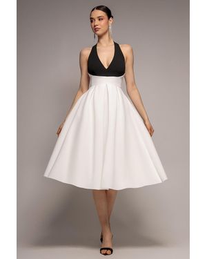Goddiva Contrast Halter Neck Pleated A Line Midaxi Dress - White