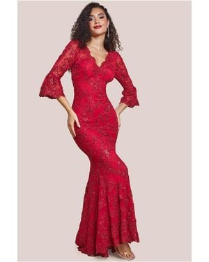 Goddiva Scalloped Lace Maxi Dress - Red